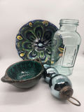 Decorative/Eclectic Lot - Mid-Century Enamel on Copper Plate, 1/2 KG Aqua Glass Jar, Green Hand-Painted Pottery Bowl & Mercury Glass Ornament - thumbnail 1 of 5