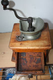 Antique Wooden Box Coffee Grinder with Cast Iron Crank & Pewter Metal Hopper – Early 20th Century - thumbnail 1 of 3
