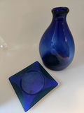 Blue Dichroic-Style Fused Glass Square Plate with Cobalt Blue Art Glass Vase – Contemporary Studio Glass Pair - thumbnail 6 of 7