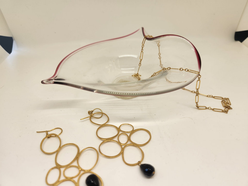 Beautiful Art Glass Bowl + Modern Gold-Tone Necklace & Gold-Tone & Black Stone Earrings Set (3pc Lot) - image 1 of 12