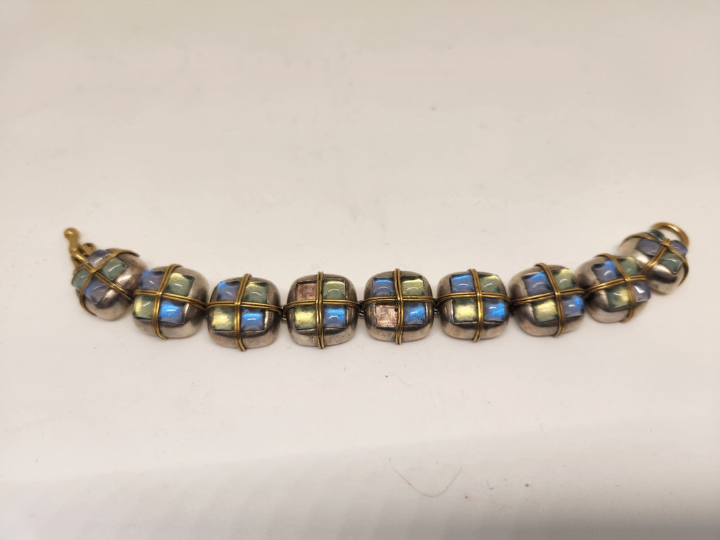 Signed Vaubel Bracelet – Iridescent Glass Stone Links – Mixed Metal – 2 Stones Missing ($6890 retail) - image 2 of 11