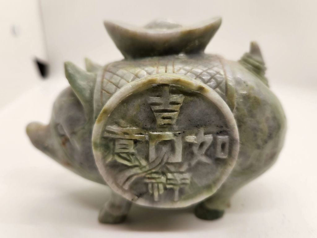 Hand-Carved Nephrite Jade or Serpentine Pig with Coin Motif & Soapstone/Marble Sculptural Rhinoceros Vintage Asian Stone Figures – Green Serpentine Pig with Coin & Brown Rhino Sculpture - image 9 of 15
