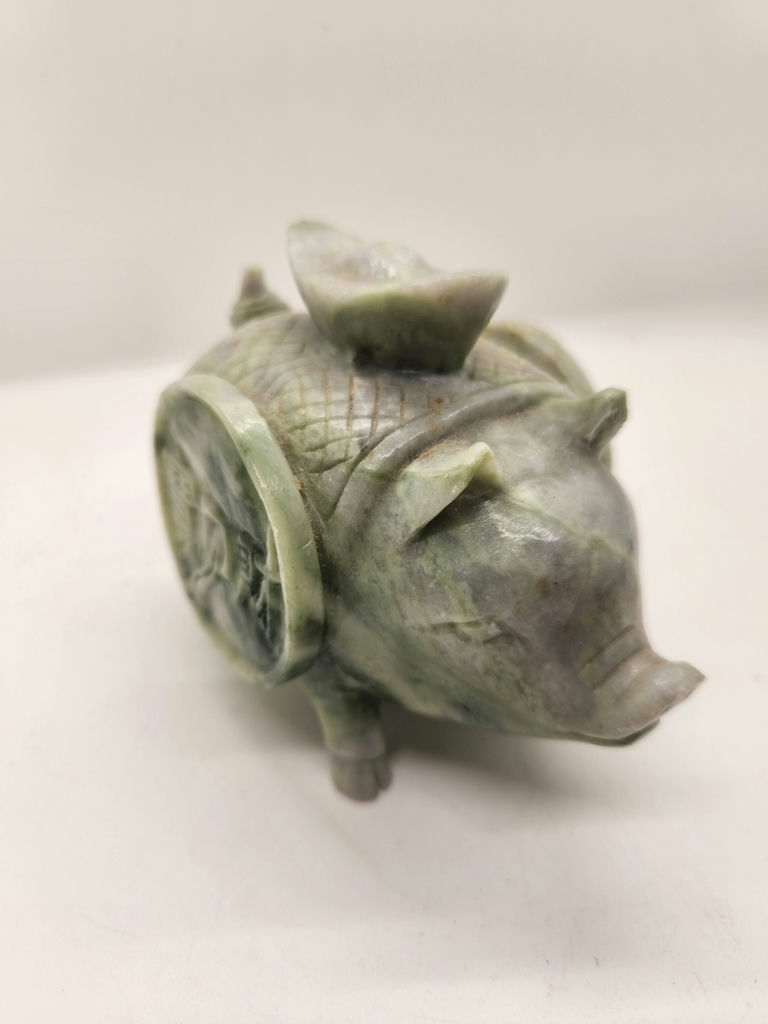 Hand-Carved Nephrite Jade or Serpentine Pig with Coin Motif & Soapstone/Marble Sculptural Rhinoceros Vintage Asian Stone Figures – Green Serpentine Pig with Coin & Brown Rhino Sculpture - image 3 of 15