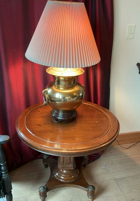 Brass Lamp, Round Small Table - Image 1 of 7