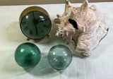 Vintage Brass Alarm Clock, Glass spheres, and a conch Shell - thumbnail 1 of 6