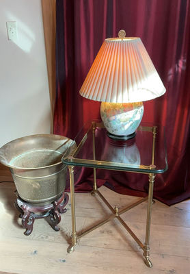 Brass & Glass Small Table, Porcelain Lamp, Brass Planter - Image 1 of 5