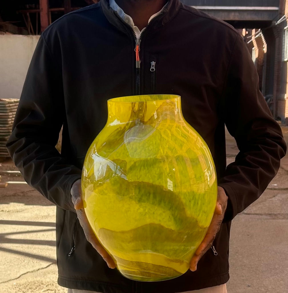 Hand Blown Art Glass Yellow Vase Swirl Pattern - image 2 of 6