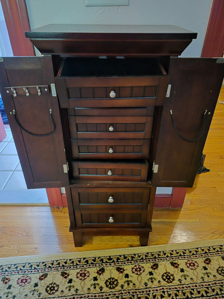 Dark wood jewelry armoire with multiple drawers - image 3 of 6