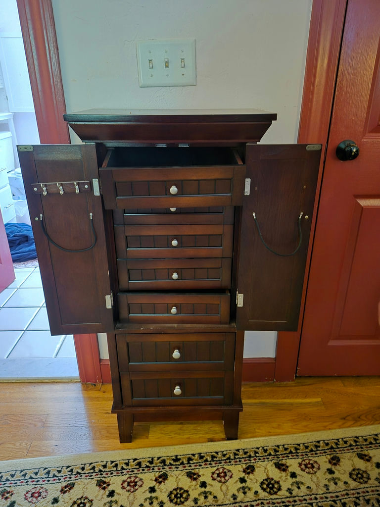 Dark wood jewelry armoire with multiple drawers - image 4 of 6