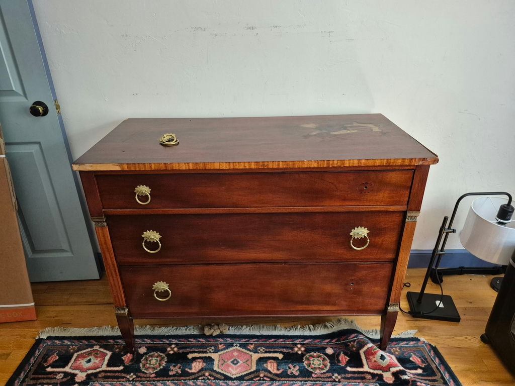 Three-drawer wooden dresser with brass ring pulls - image 1 of 5