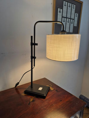 Arc-style black metal desk lamp with fabric shade - Image 1 of 3