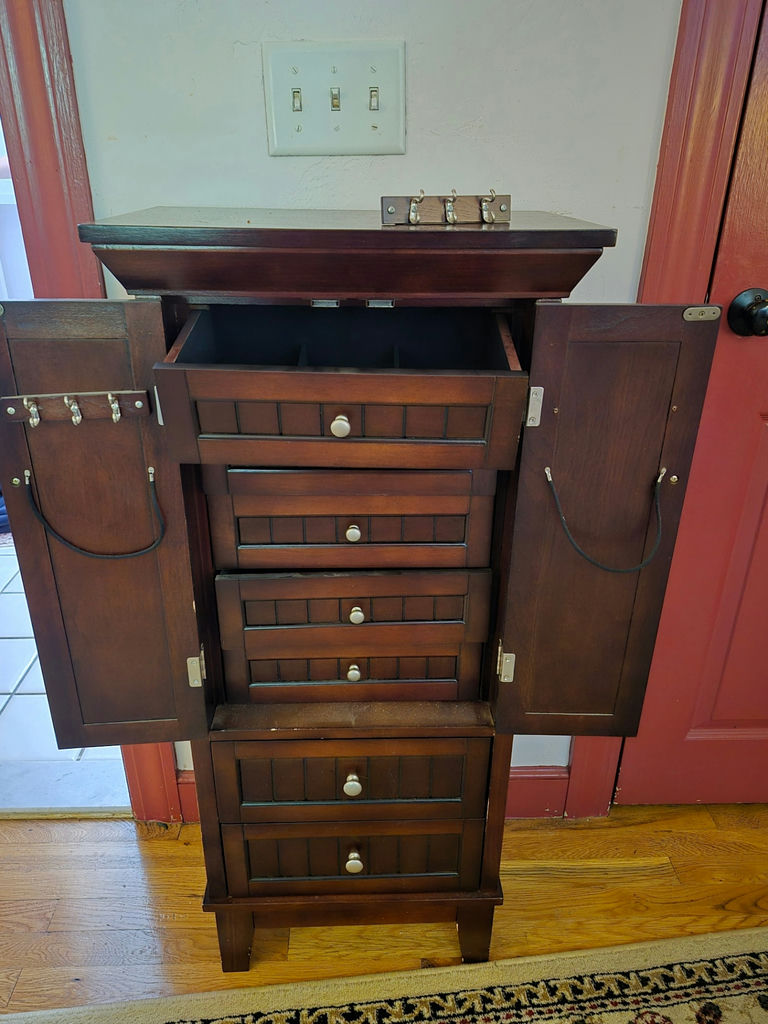 Dark wood jewelry armoire with multiple drawers - image 5 of 6