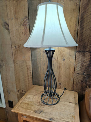 Two table lamps with sculpted metal base and white shades - Image 1 of 2