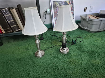 Four pairs of silver metal table lamps with white shades - Image 1 of 5