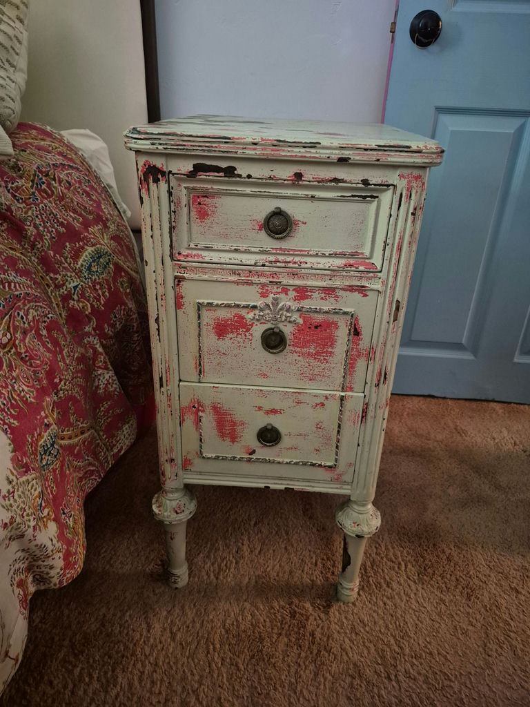 Two distressed white three-drawer nightstands - image 1 of 6