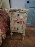 Two distressed white three-drawer nightstands - thumbnail 1 of 6