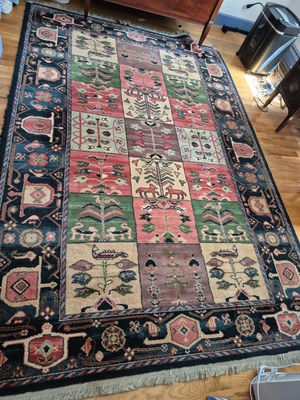 Rectangular multicolored patchwork area rug with fringe - Image 1 of 3
