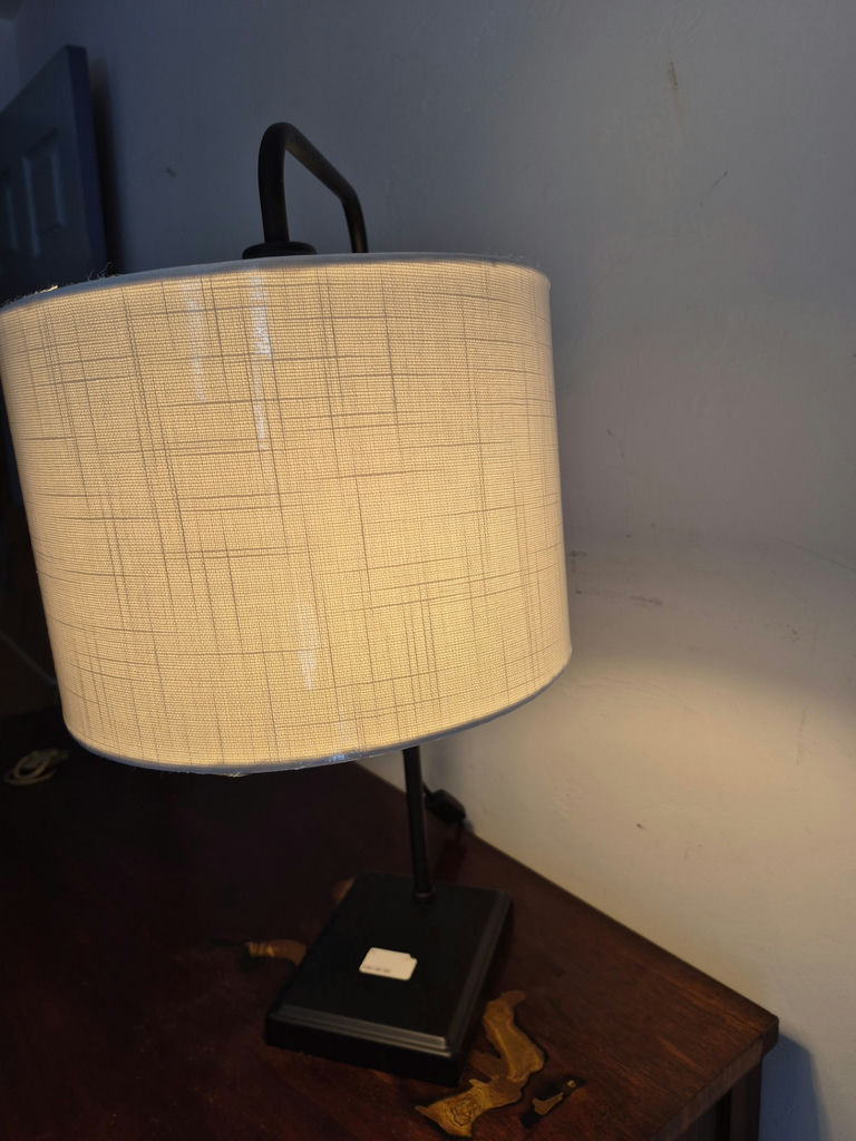 Arc-style black metal desk lamp with fabric shade - image 2 of 3