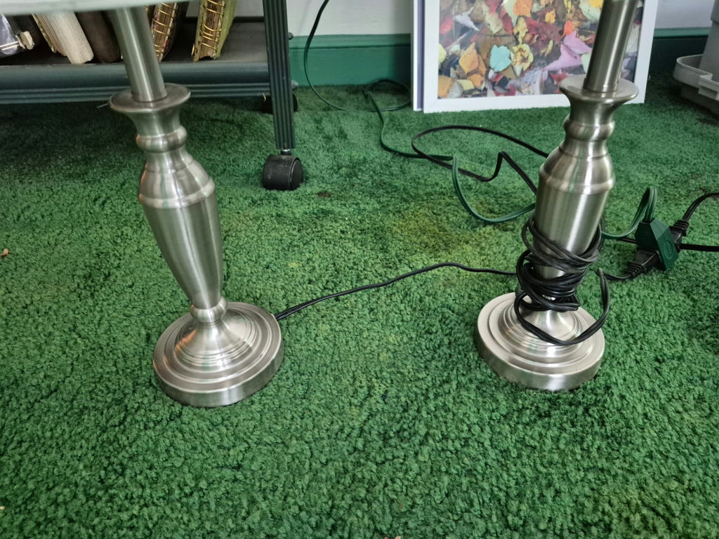 Four pairs of silver metal table lamps with white shades - image 2 of 5