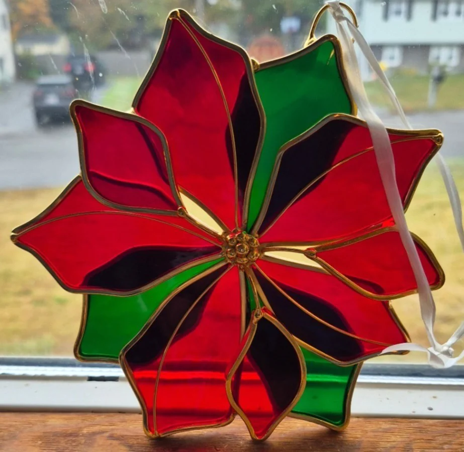 6 Poinsettia Stained Glass Ornaments - image 1 of 3