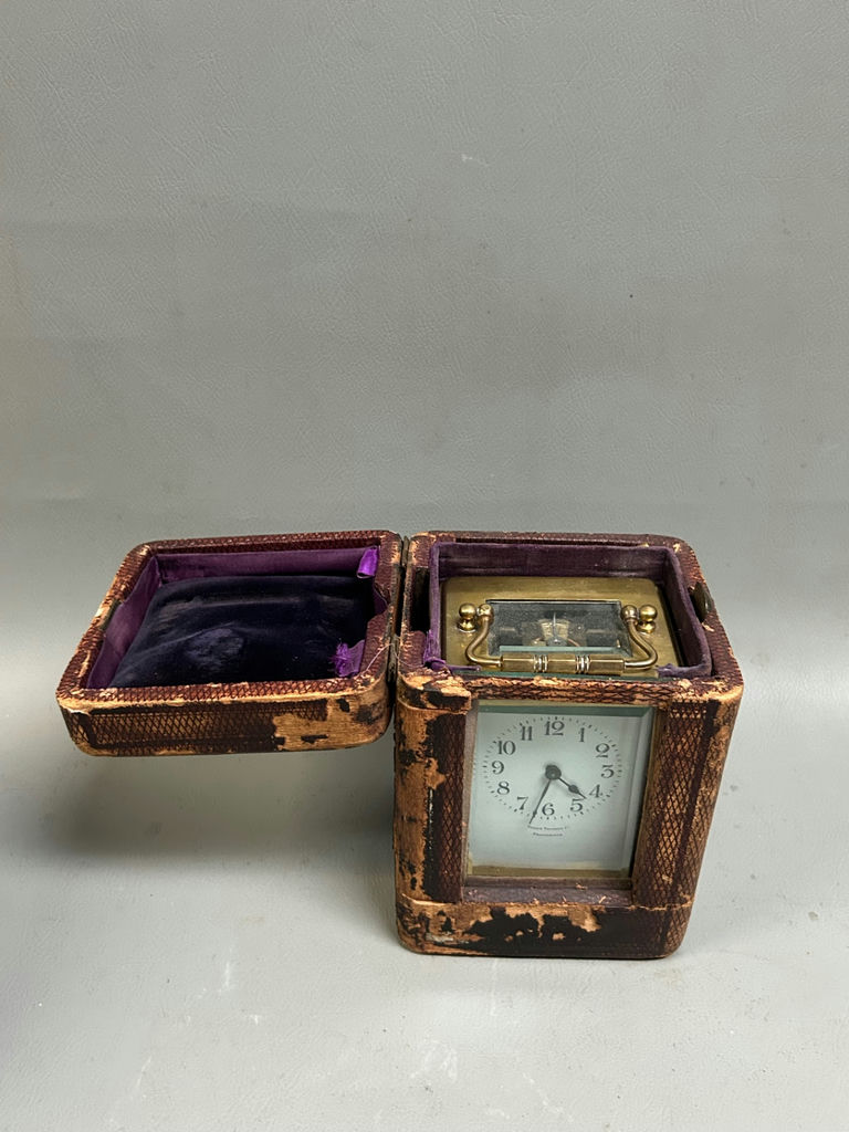 Brass Carriage Clock W/ Leather Case for Tilden Turber Providence RI - image 3 of 9