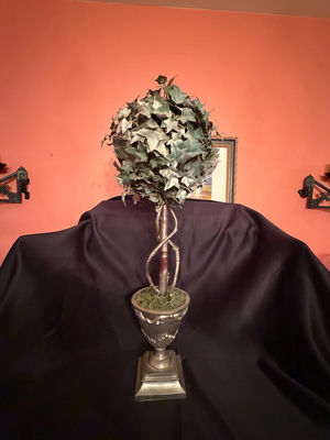 artificial English Ivy topiary tree in a decorative planter. - Image 1 of 6