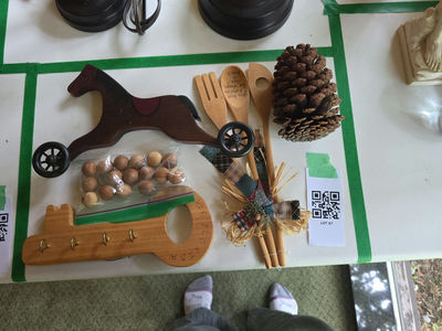 Wooden Horse Decor, Kitchen Utensils, Key Holder, Pine Cone, and Decorative Nuts - Image 1 of 7