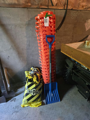 Snow Shovels, Ice Chopper, Safe-T-Salt Bags, and Orange Safety Fence Roll - Image 1 of 8