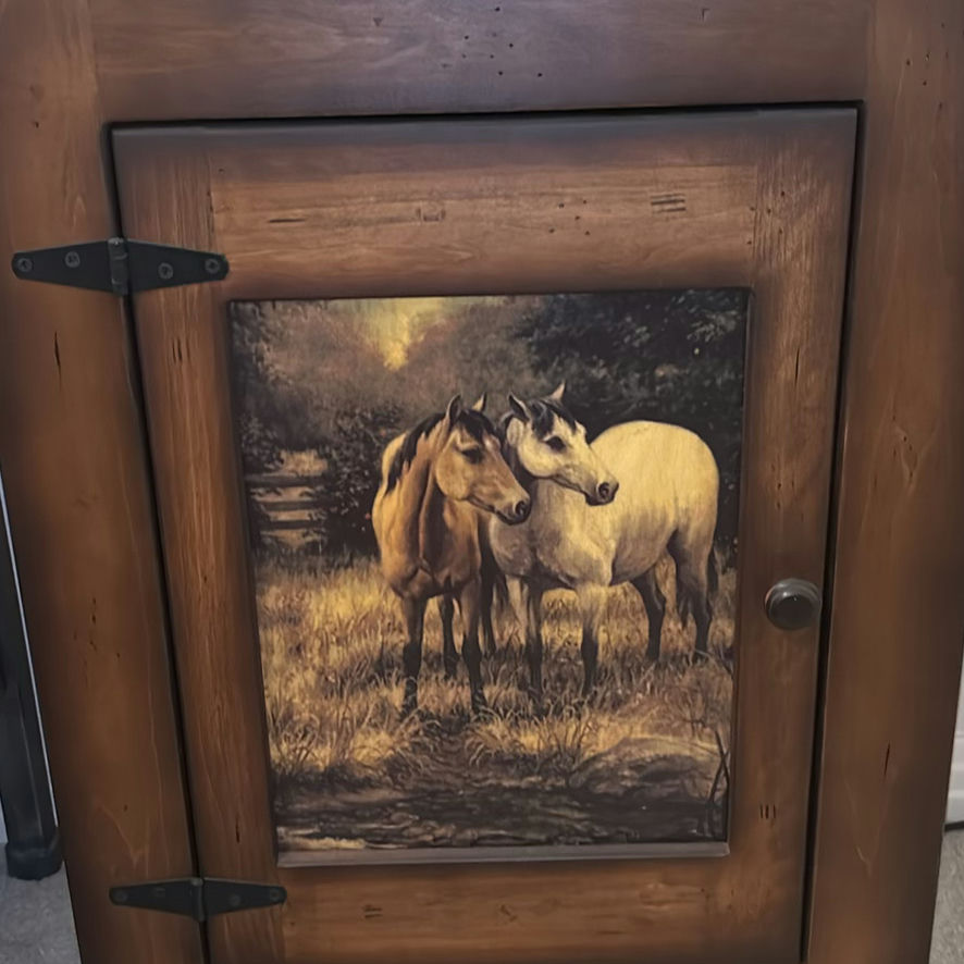 Wagon Wheel Table Lamp and Wooden Cabinet with Horse Artwork - image 5 of 6