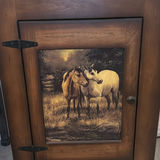 Wagon Wheel Table Lamp and Wooden Cabinet with Horse Artwork - thumbnail 5 of 6