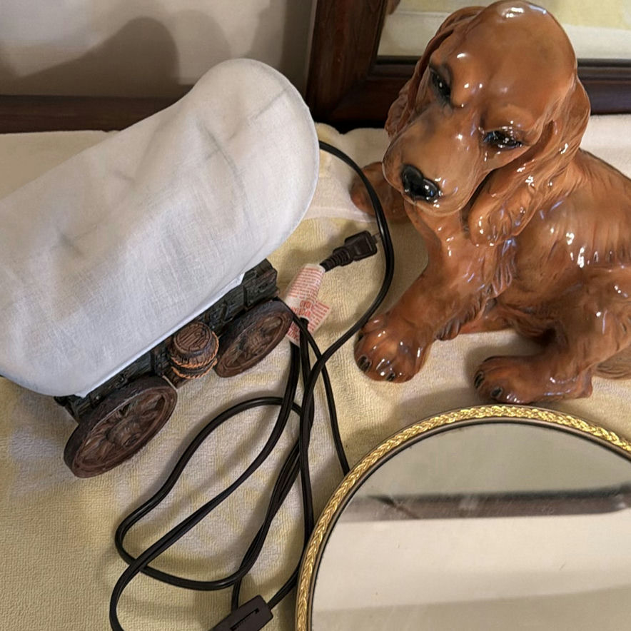 Ceramic Dog Figurine Lamp, Covered Wagon Lamp, and Oval Mirror - image 6 of 6