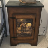 Wagon Wheel Table Lamp and Wooden Cabinet with Horse Artwork - thumbnail 4 of 6