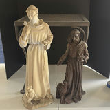 Two Robed Figurine Statues and Metal Mesh Table - thumbnail 1 of 5