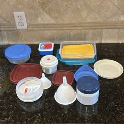 Assorted Kitchen Containers, Funnels, Popcorn Cup, and Glass Tasting Set - Image 1 of 5