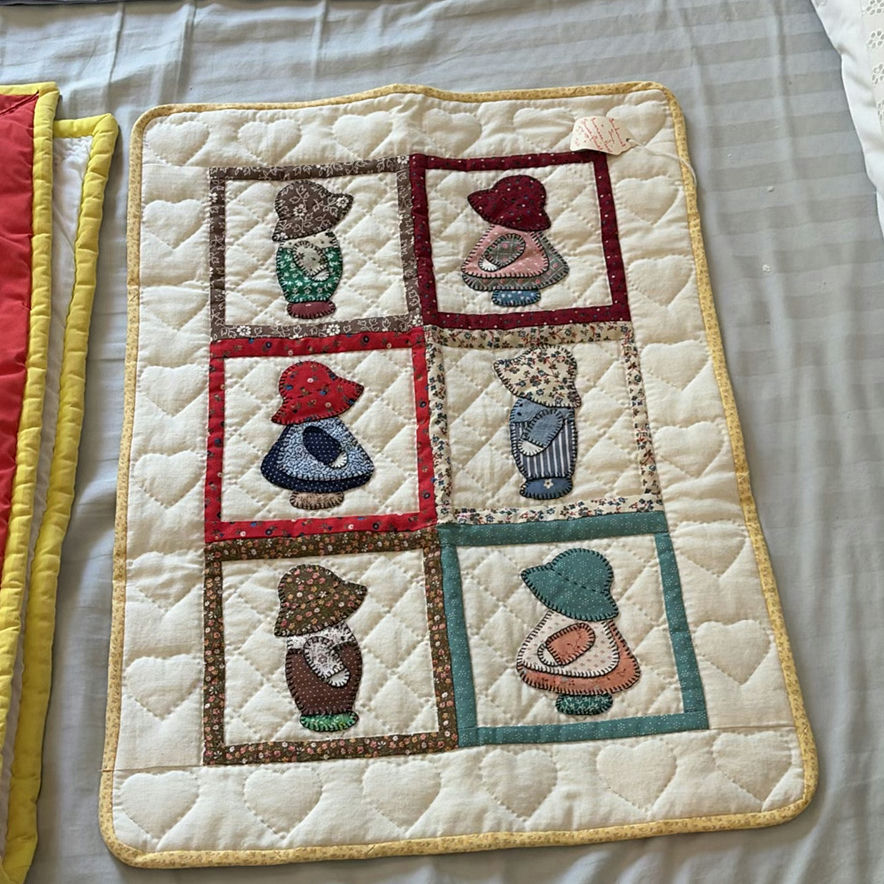 Handmade quilts and decorative pillow with bear appliqué, plus a Playmobil toy box - image 6 of 9