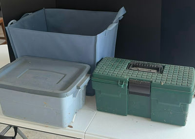 Plastic Storage Bins and Toolbox with Assorted Safety and Cleaning Items - Image 1 of 5