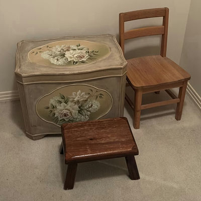 Vintage floral storage trunk with wooden chair and small stool - Image 1 of 6
