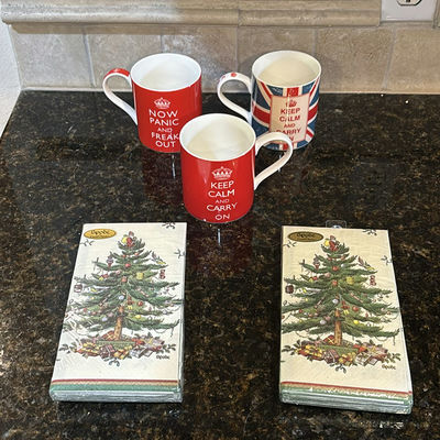 Ceramic Mugs, Christmas Paper Napkins, and Decorative Placemat - Image 1 of 5