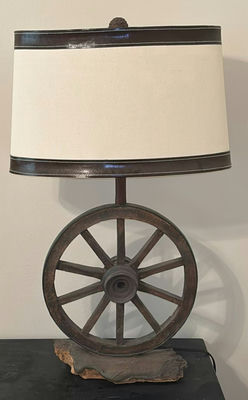 Wagon Wheel Table Lamp and Wooden Cabinet with Horse Artwork - Image 1 of 6