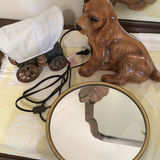 Ceramic Dog Figurine Lamp, Covered Wagon Lamp, and Oval Mirror - thumbnail 1 of 6