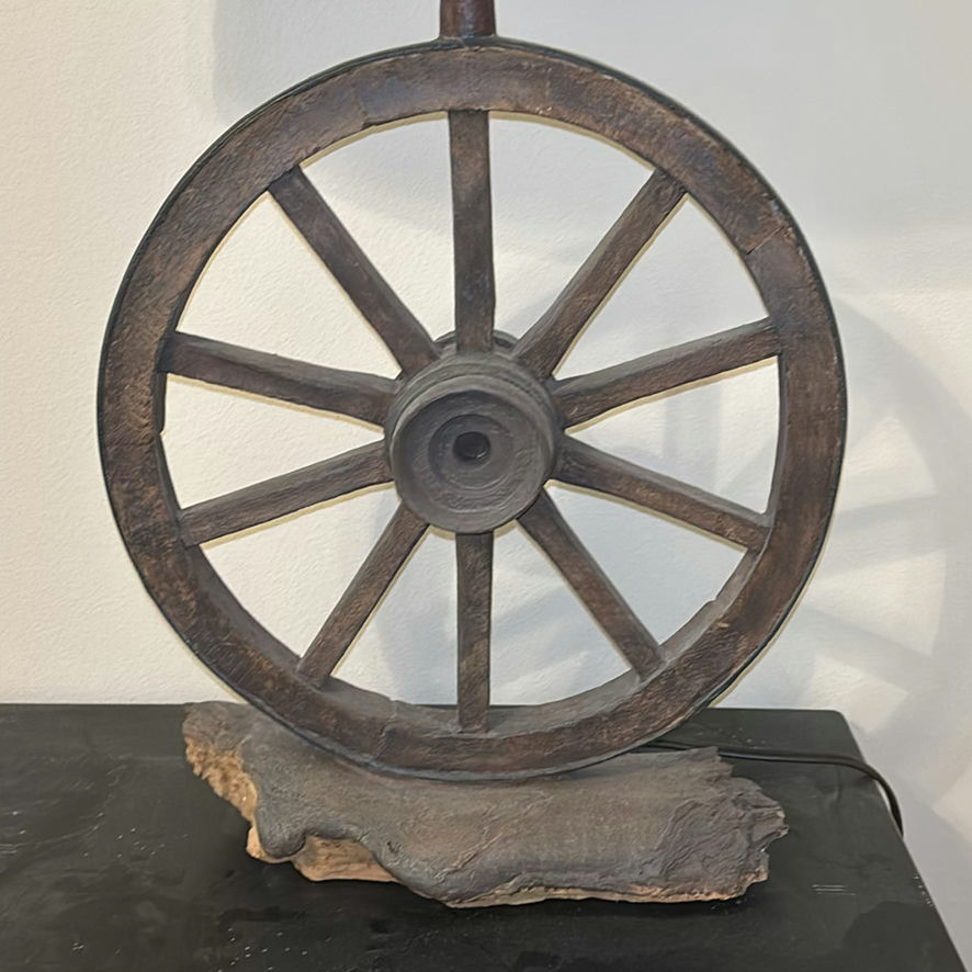Wagon Wheel Table Lamp and Wooden Cabinet with Horse Artwork - image 2 of 6