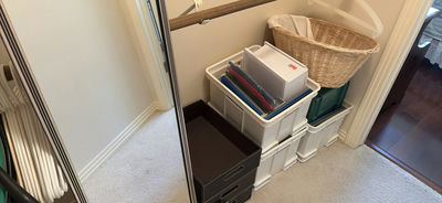 Full-Length Mirror, Storage Bins, and Wicker Basket - Image 1 of 6