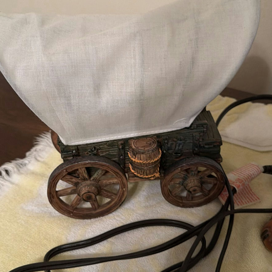 Ceramic Dog Figurine Lamp, Covered Wagon Lamp, and Oval Mirror - image 3 of 6