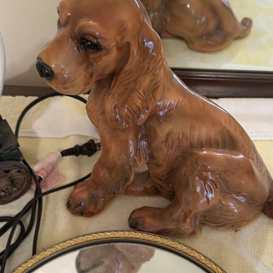 Ceramic Dog Figurine Lamp, Covered Wagon Lamp, and Oval Mirror - image 2 of 6