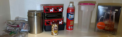 Assorted Kitchen Containers, Pyrex Serving Pitcher, and Fire Extinguisher Spray - Image 1 of 7