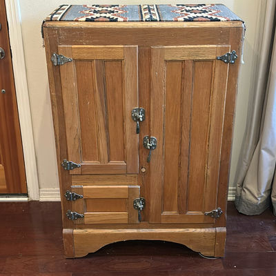 Wooden Icebox Cabinet with Wire Shelves - Image 1 of 6