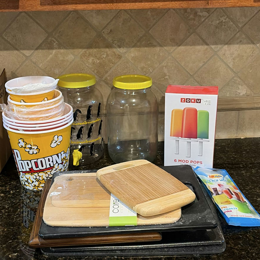 Kitchenware assortment: bamboo cutting boards, glass jars, popcorn tub, and ice pop molds - image 1 of 6
