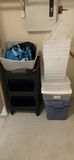 Stackable plastic storage bins with a small rolling cart and bags - thumbnail 1 of 5