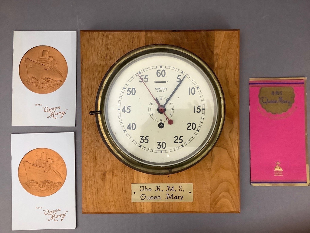 RMS Queen Mary Original Mounted Ship’s Clock and Brochures  - image 2 of 11