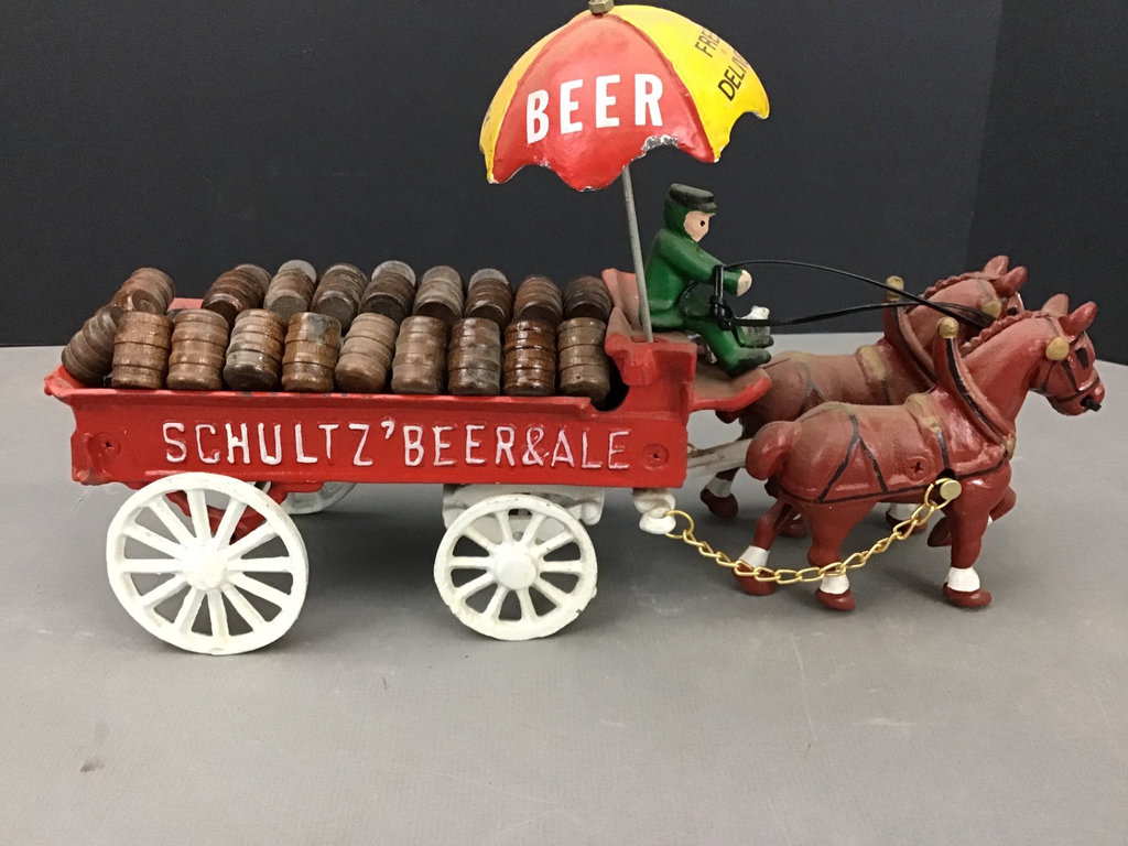 Vintage Castiron Toy Schulz’ Beer Wagon and Figurines - image 2 of 12
